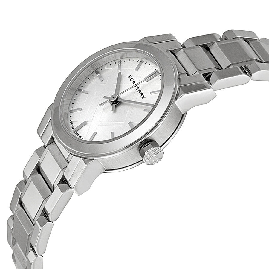 Burberry BU9200 watch angled view showing silver stainless steel case and dial