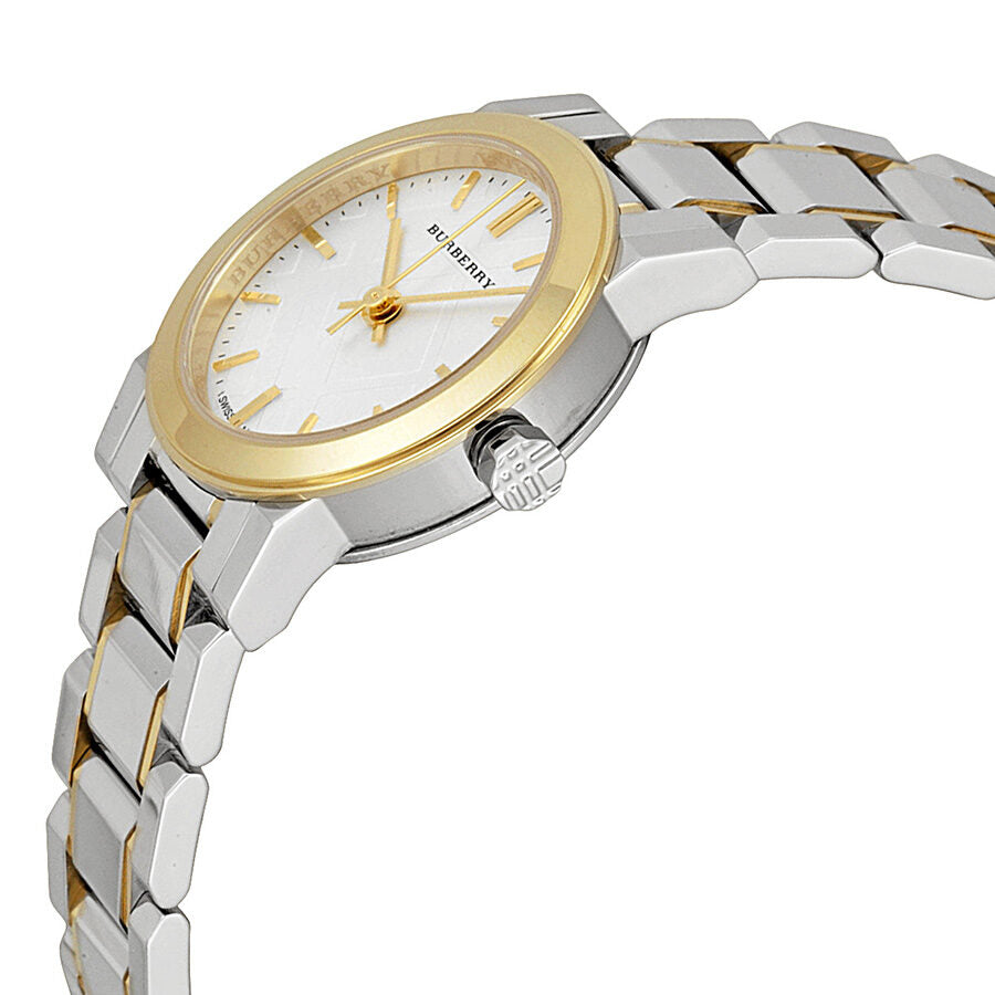 Burberry BU9217 ladies watch angled view showing two-tone bracelet and case