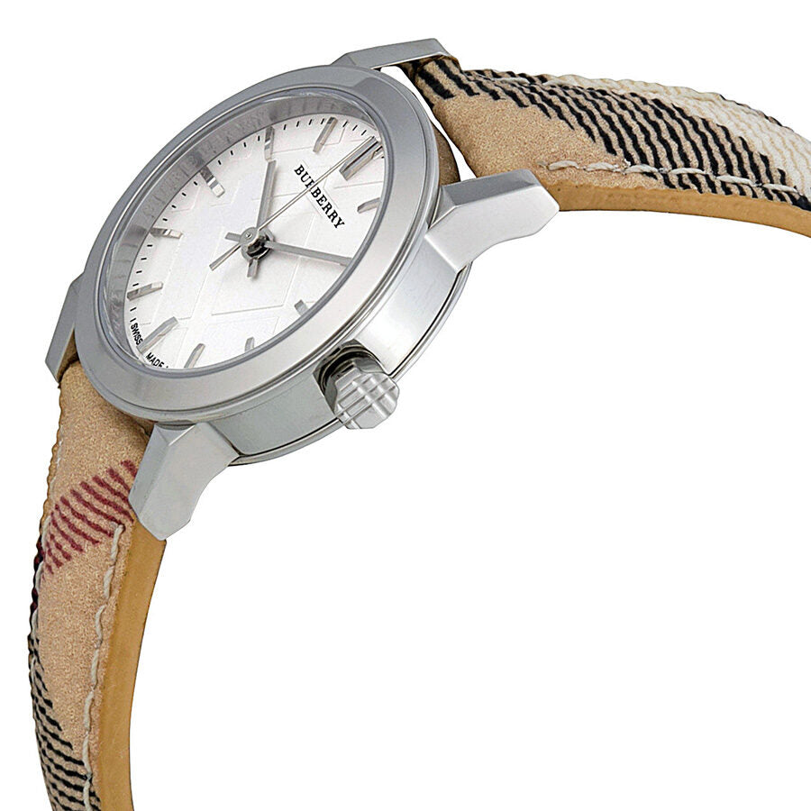 Burberry BU9222 side angle view showing silver case and check pattern strap
