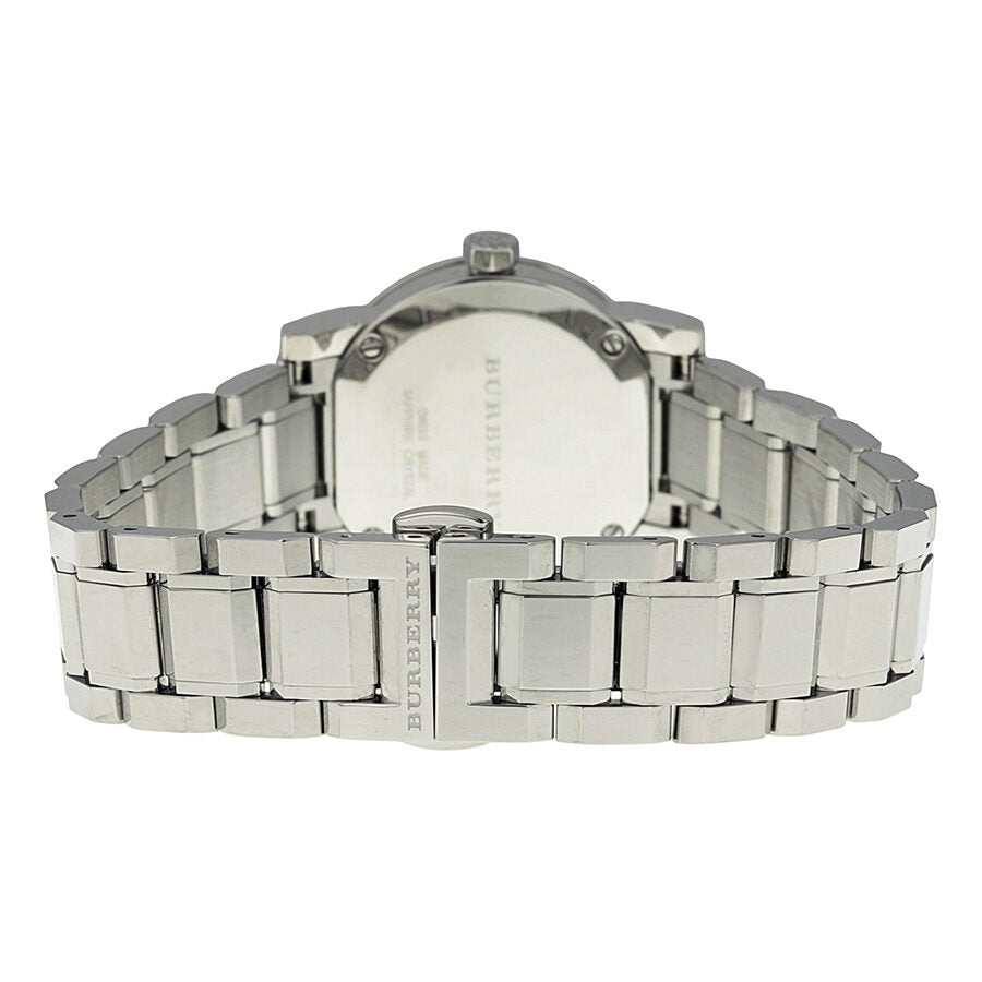 Burberry BU9223 watch caseback showing stainless steel rear and link bracelet