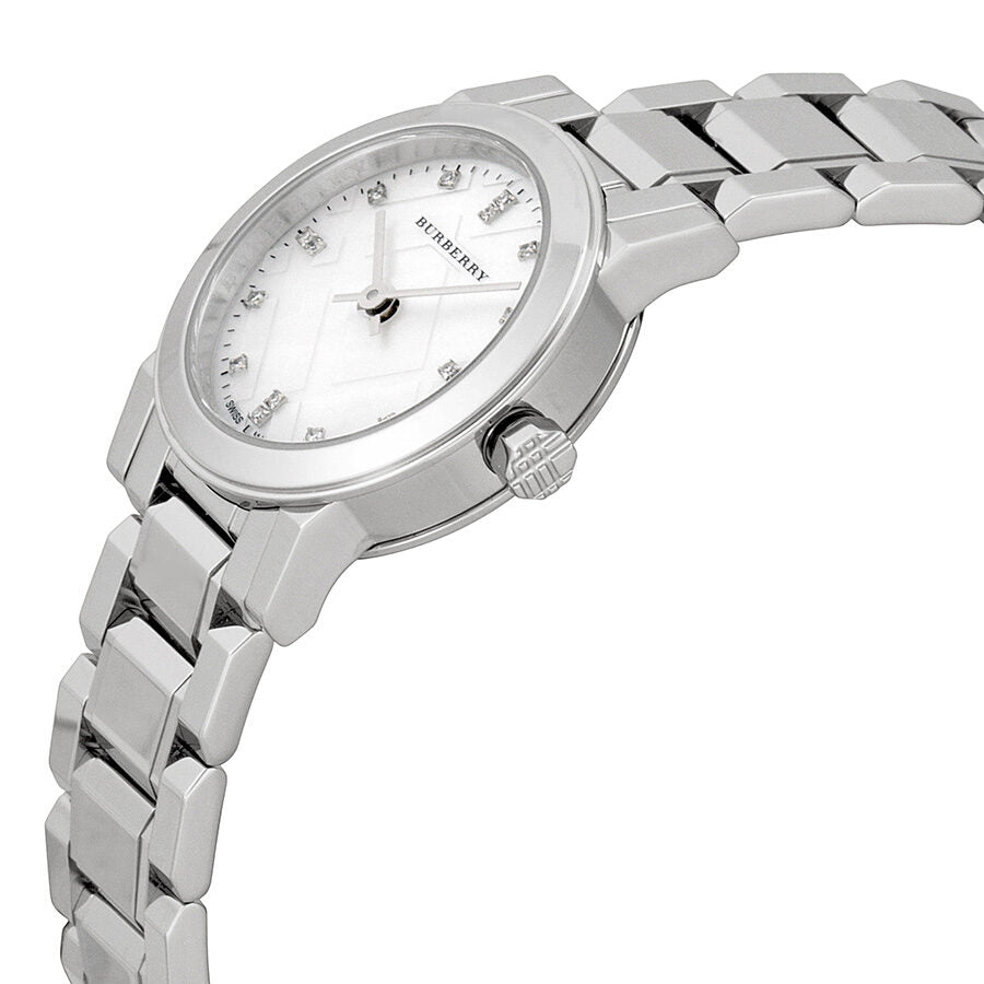 Angled view of Burberry watch showing dial and stainless steel bracelet