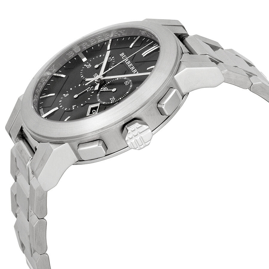 Burberry BU9351 chronograph watch shown at angle with stainless steel bracelet and pushers