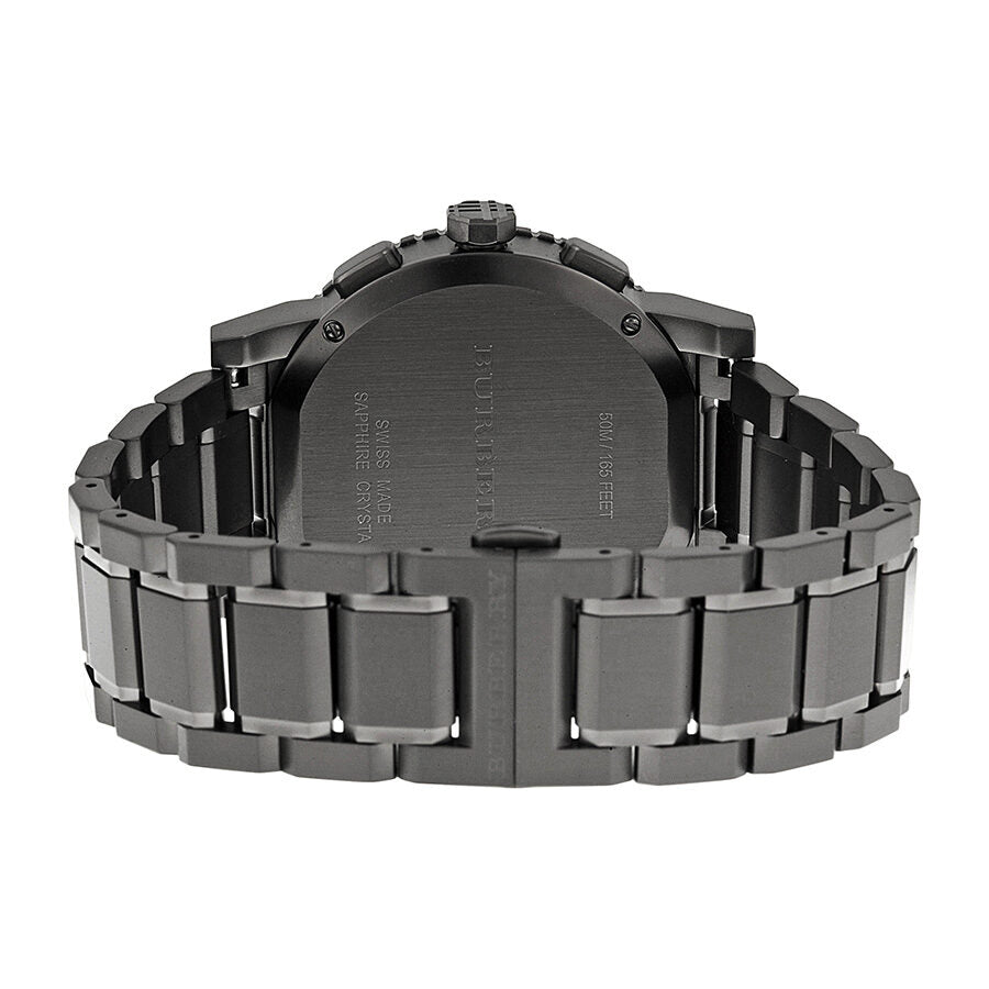 Back view of Burberry chronograph watch case showing grey ion-plated stainless steel