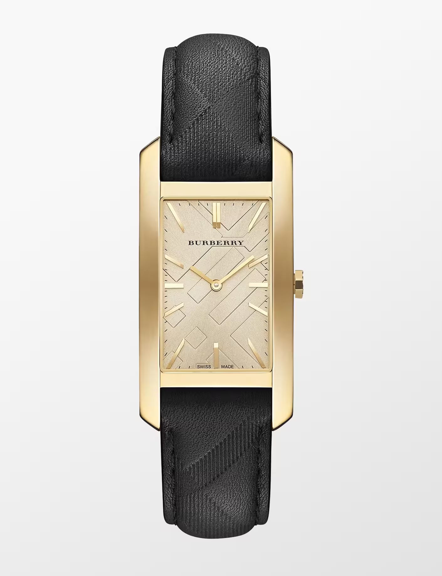 Burberry Women's Swiss watch with cream dial, gold-tone rectangular case, black leather strap, 25mm