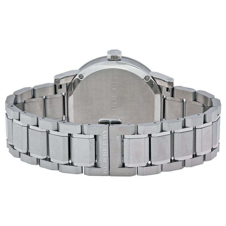 Burberry BU9901 watch caseback showing stainless steel case with screw-down display back and bracelet