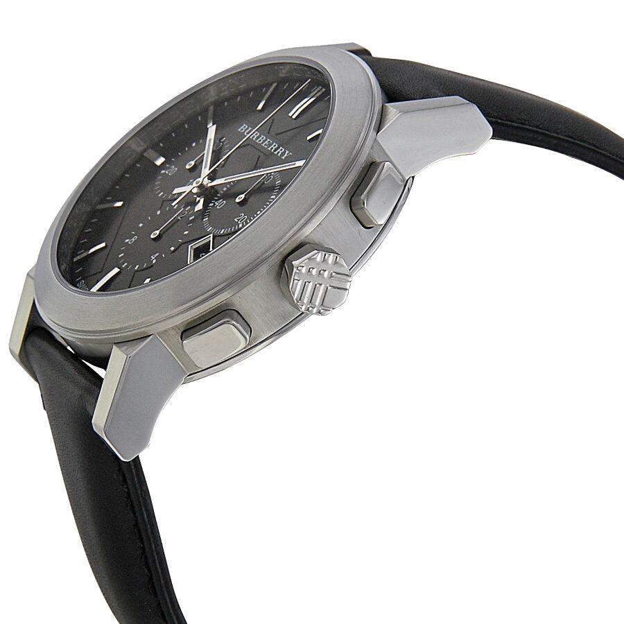 Burberry BU9356 watch side angle view showing stainless steel case and chronograph pushers