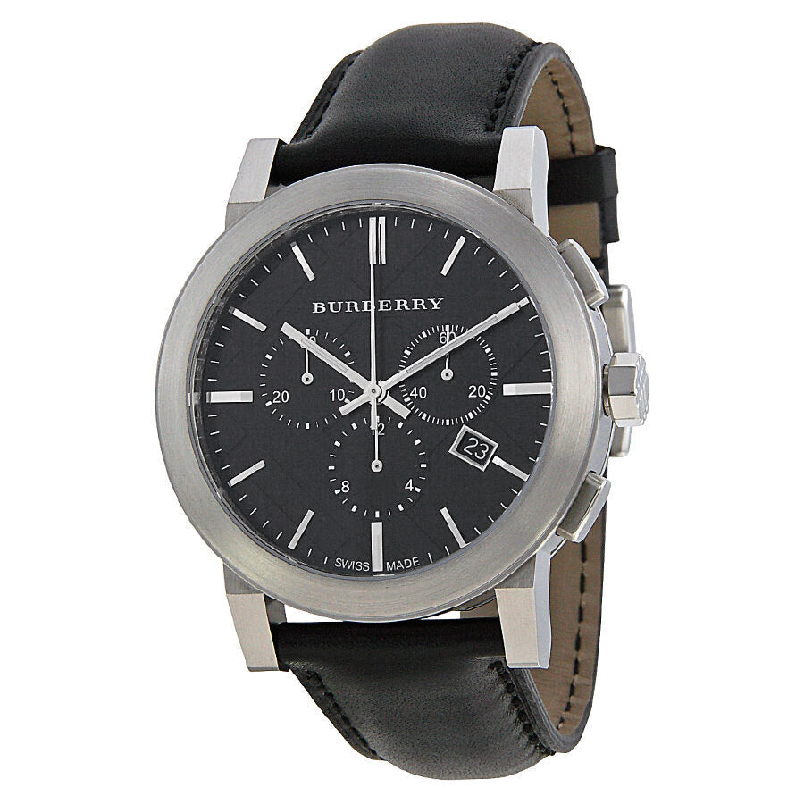Burberry BU9356 chronograph watch with black dial and black leather strap