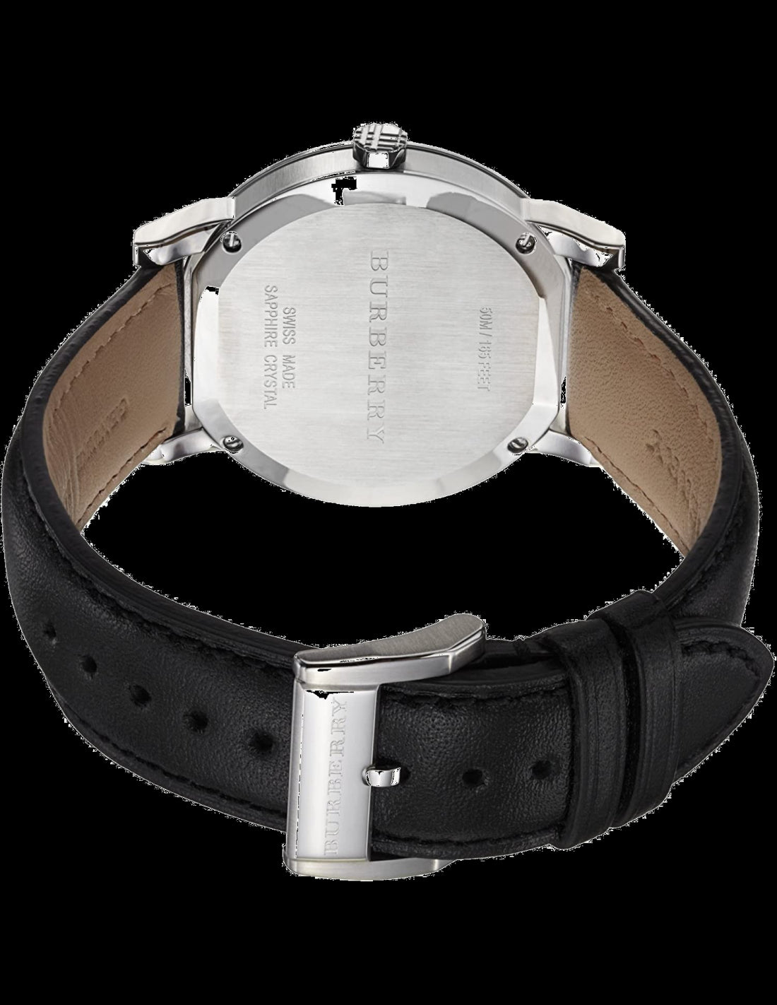 Burberry City watch caseback showing stainless steel back and black leather strap