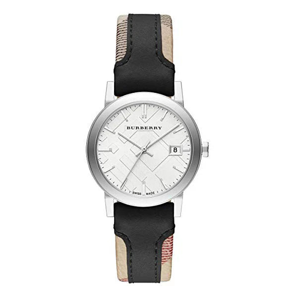 Burberry The City BU9150 ladies watch with white dial and Haymarket check leather strap