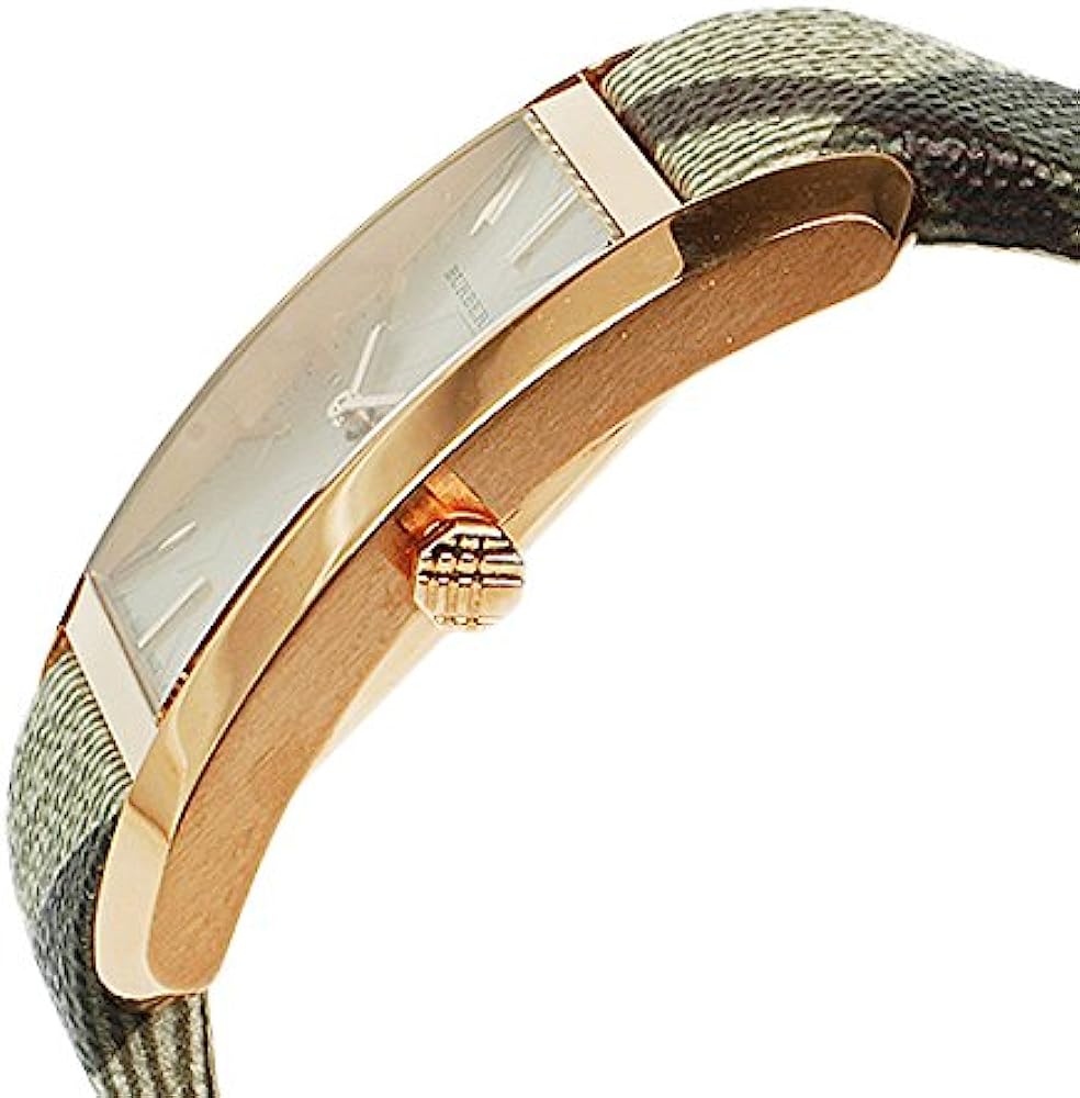 Side angle view of Burberry City Square rose gold watch case with fabric strap