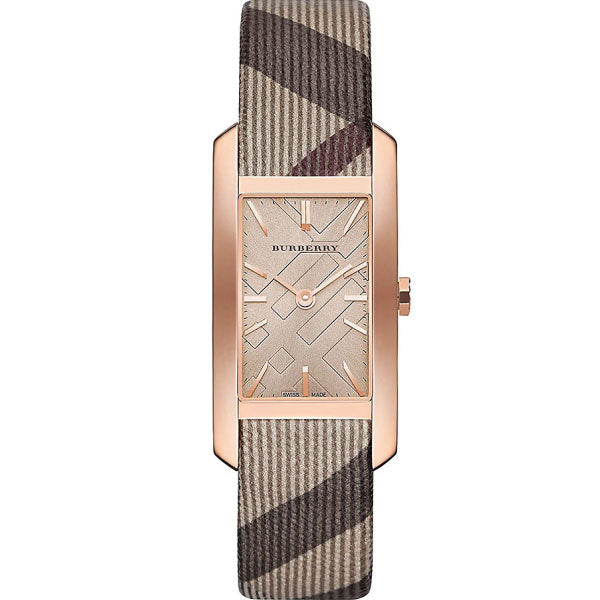 Burberry City Square rose gold watch with checkered fabric strap and geometric dial