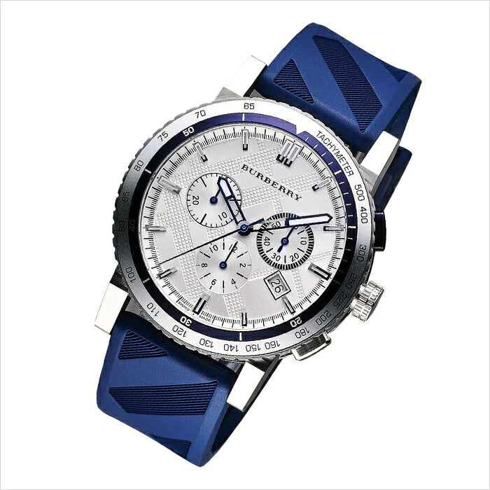 Burberry City Sport watch angled view showing blue geometric patterned rubber strap and chronograph subdials