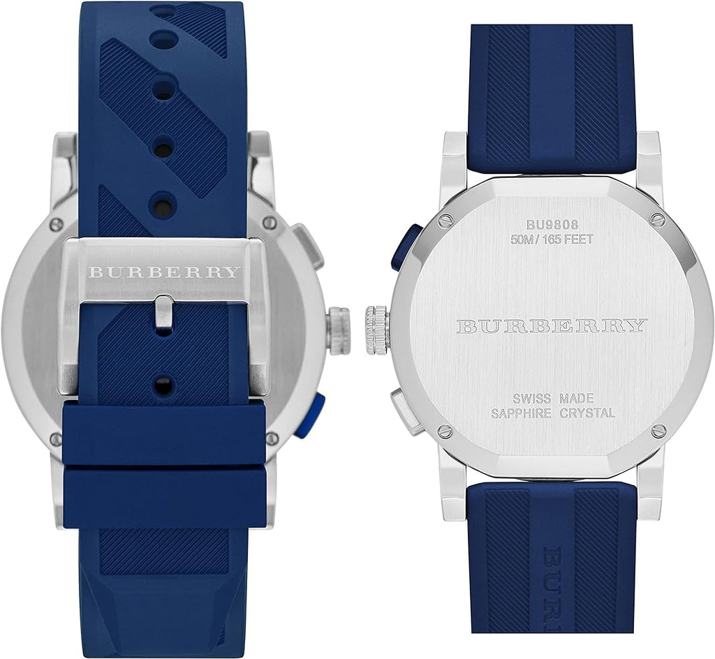 Burberry City Sport BU9808 watch front and caseback comparison displaying dial and engraved case back