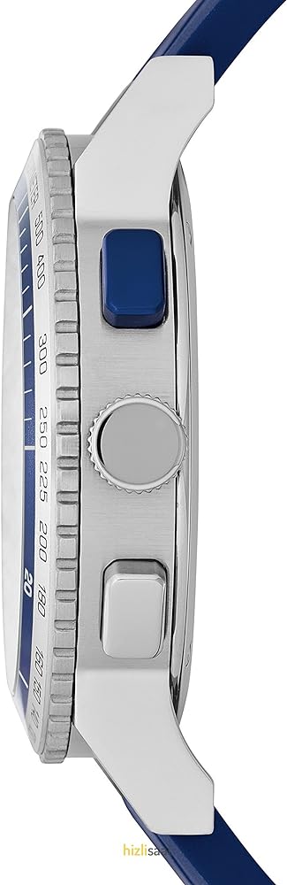 Burberry City Sport watch side profile showing chronograph pushers and blue rubber strap with steel case