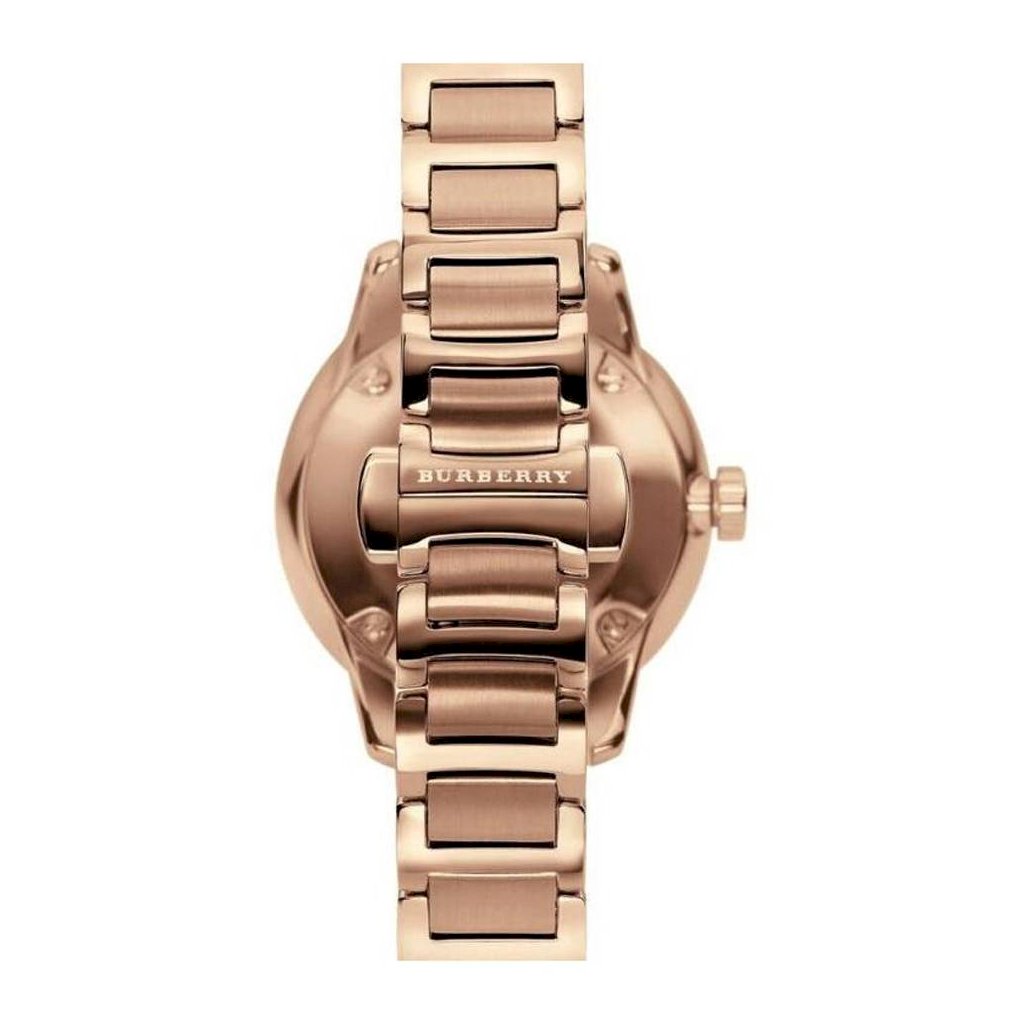 Burberry Classic rose gold women's watch caseback and strap detail view