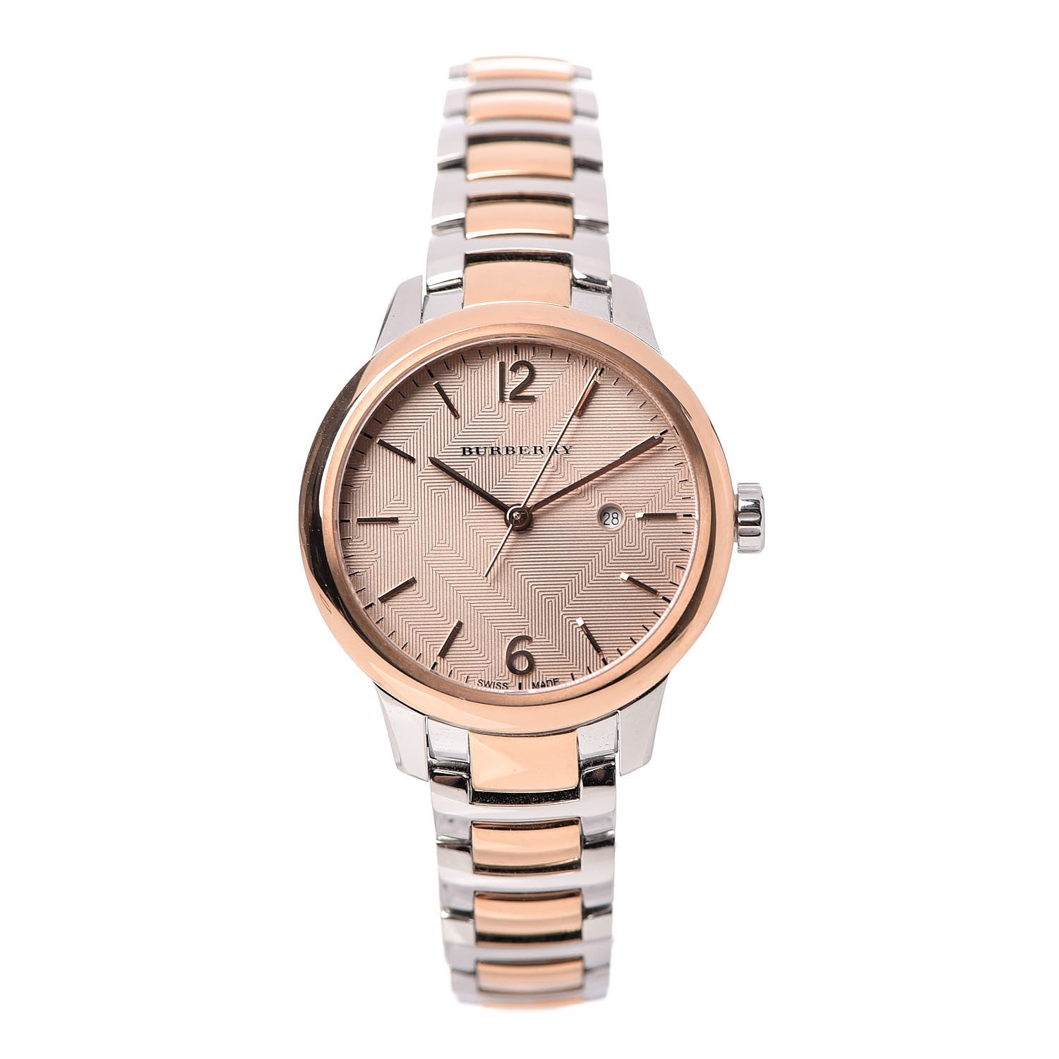 Burberry The Classic BU10117 women's watch face with rose dial, rose gold bezel and two-tone bracelet