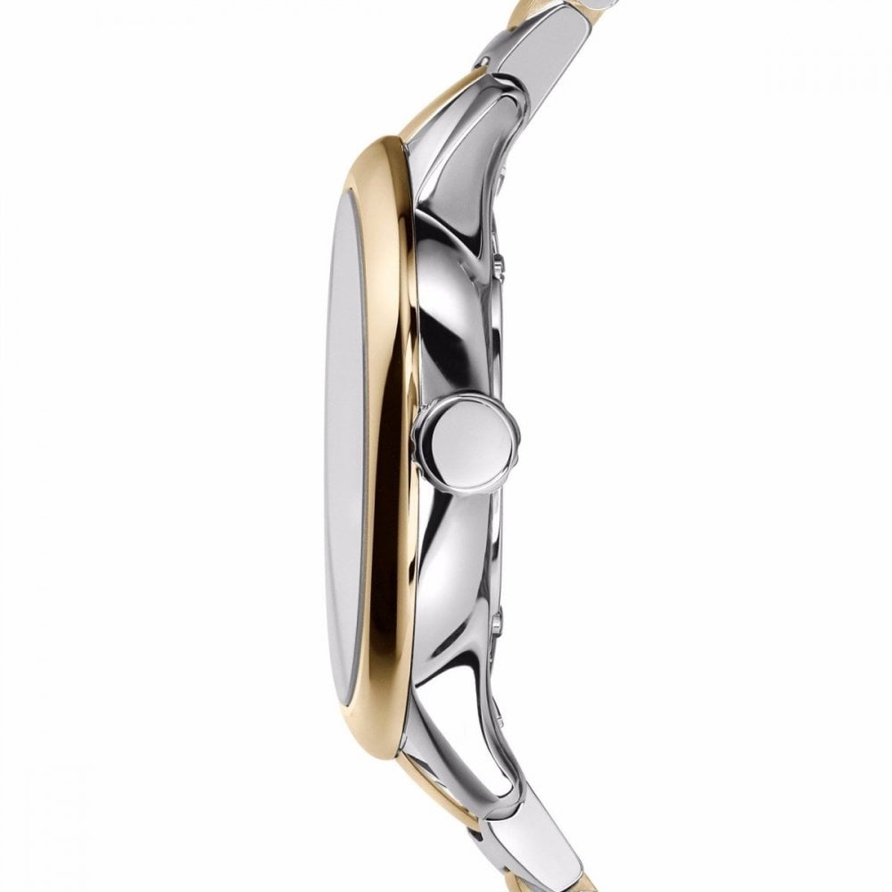 Side profile of Burberry Classic watch showing two-tone case and stainless steel bracelet