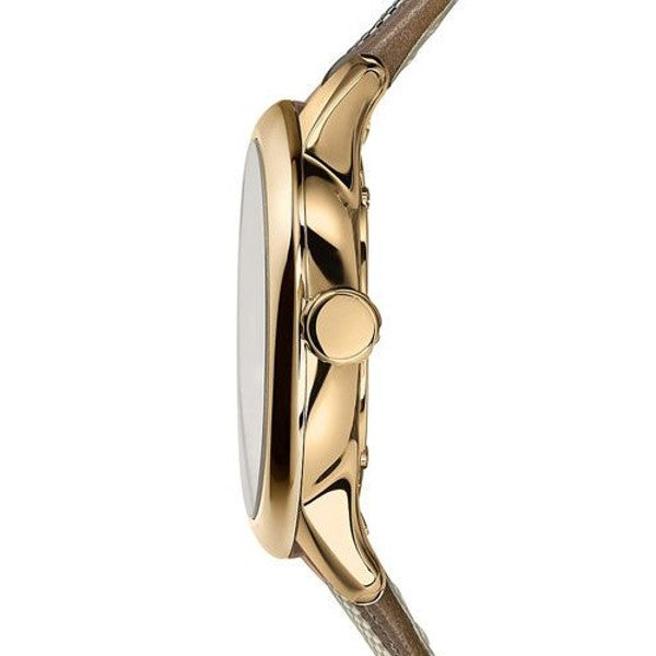 Side profile of Burberry Classic watch showing rose gold case and brown leather strap