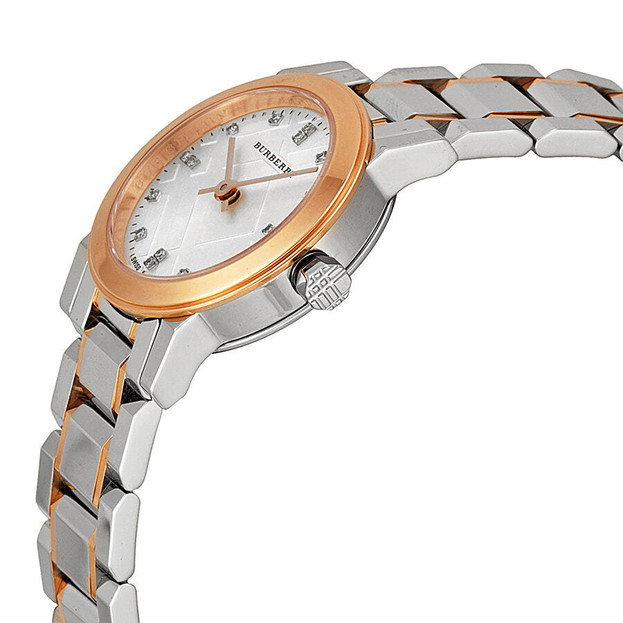 Burberry Heritage BU9214 side angle showing rose gold bezel and two-tone bracelet