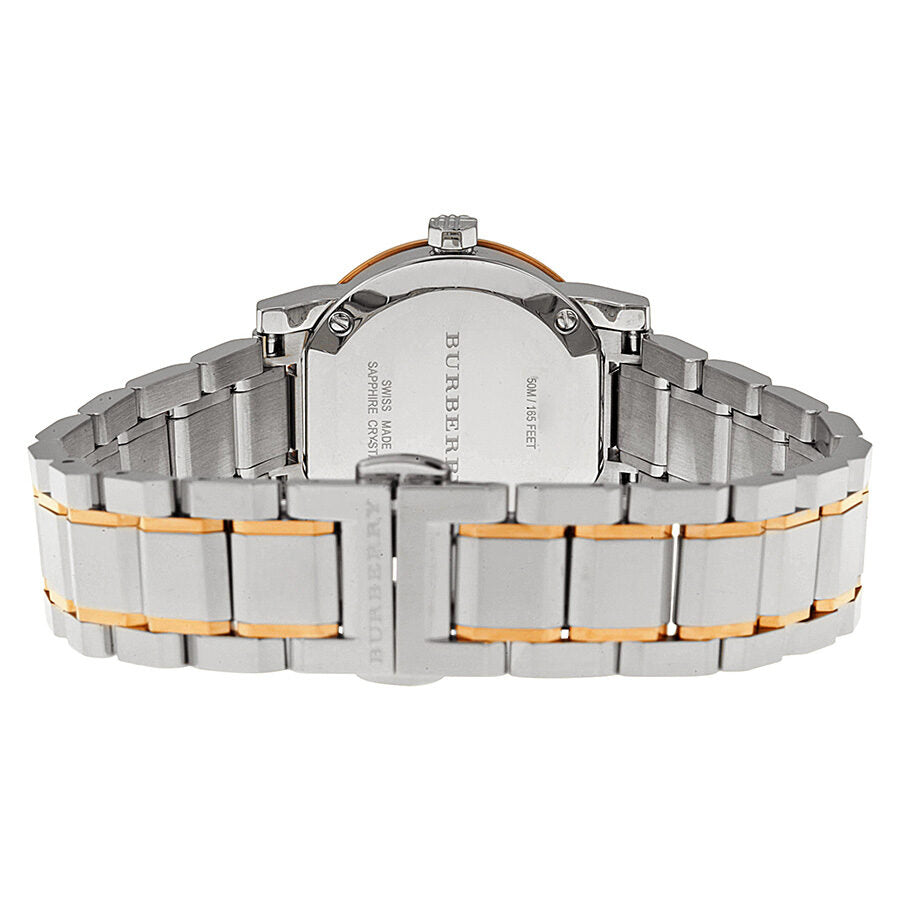 Burberry Heritage BU9214 caseback showing two-tone stainless steel bracelet design