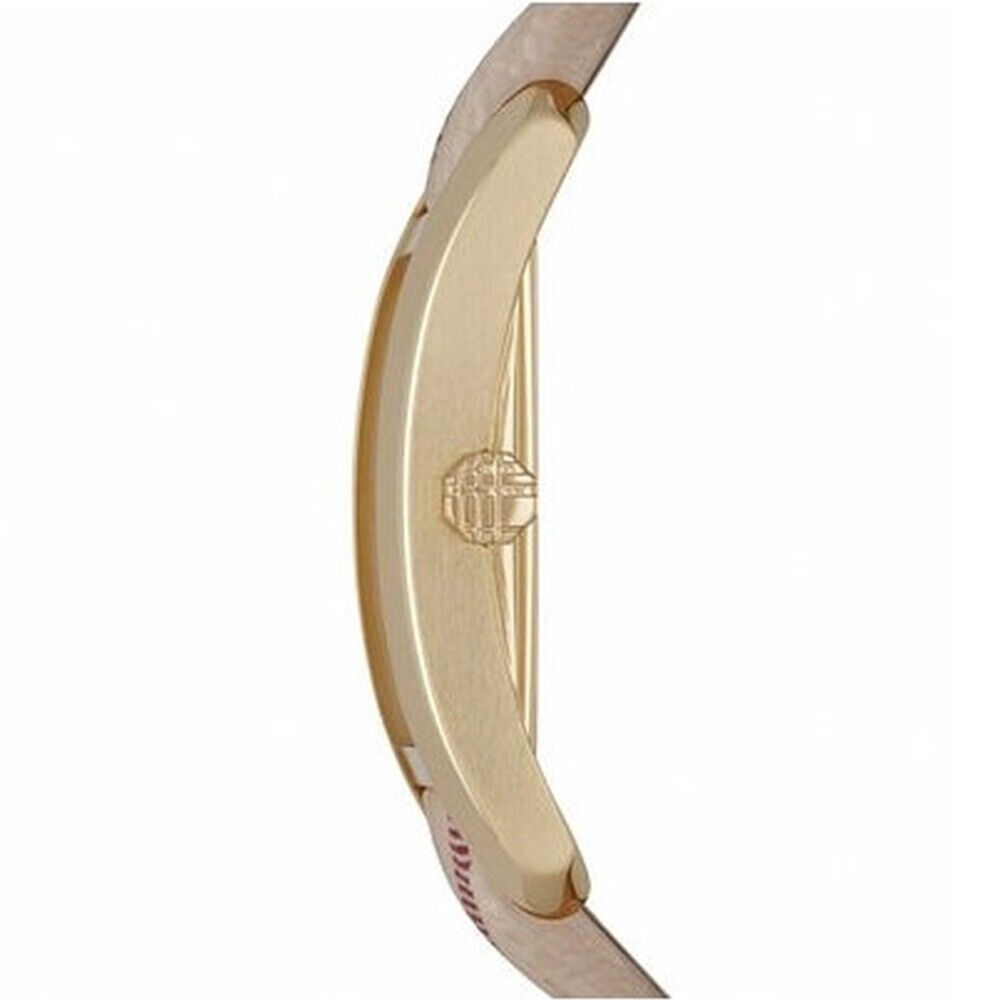 Side profile of Burberry Pioneer watch displaying gold-tone case with engraved detail