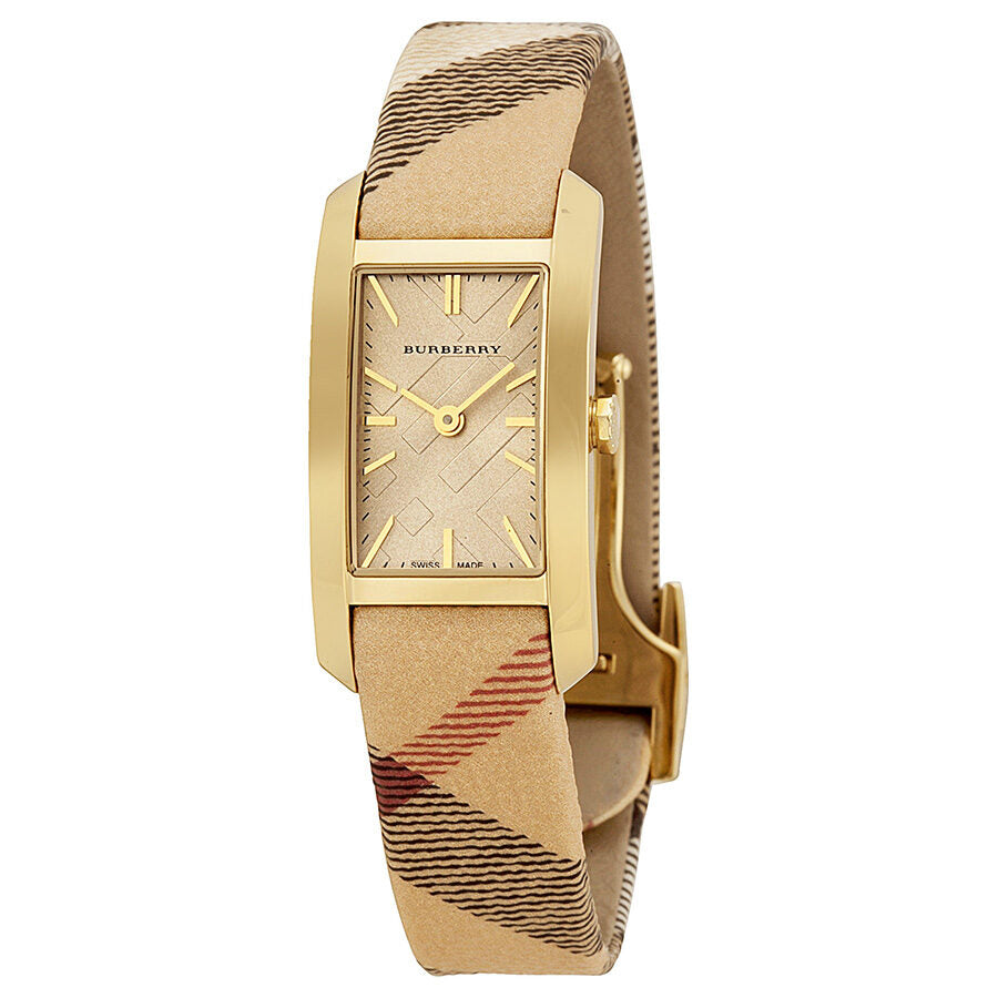 Burberry Pioneer gold ion-plated ladies watch with rectangular gold dial and check-pattern strap