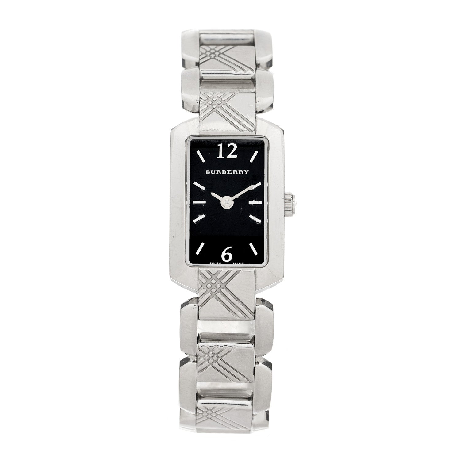 Burberry Signature women's quartz watch with black dial and silver steel quilted strap
