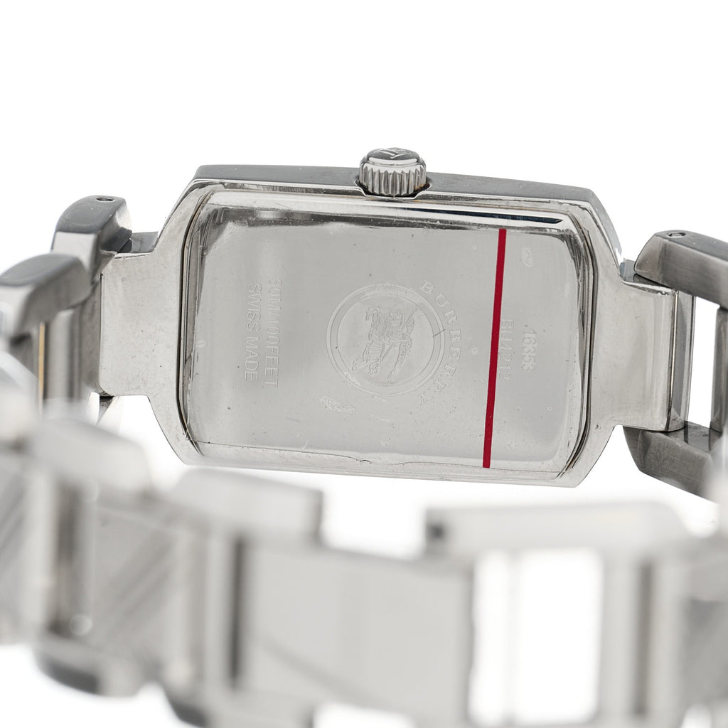 Case back showing Burberry logo and engraved details with red accent line