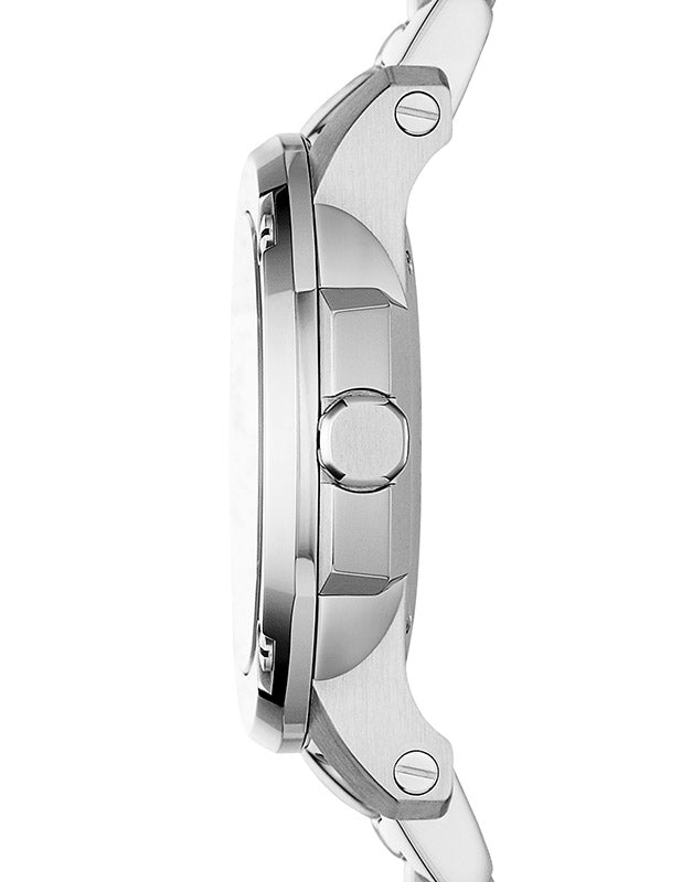 Side profile of Burberry The Britain watch showing case and bracelet thickness