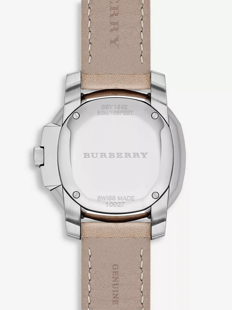 Burberry The Britain Diamonds caseback showing Swiss made movement with leather strap