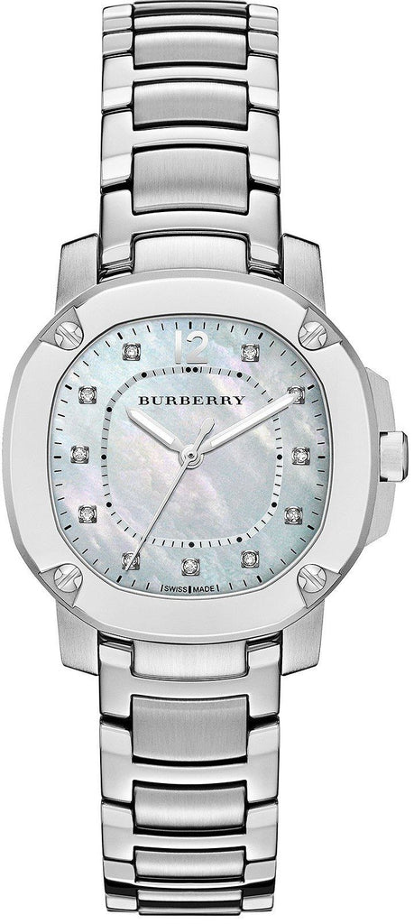 Burberry The Britain Diamonds watch with mother of pearl dial, diamond indices, and silver steel bracelet strap