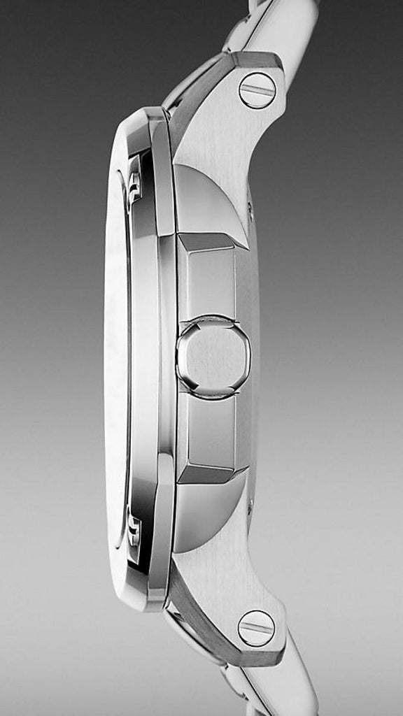 Side profile of Burberry The Britain Diamonds watch showing silver steel case and bracelet