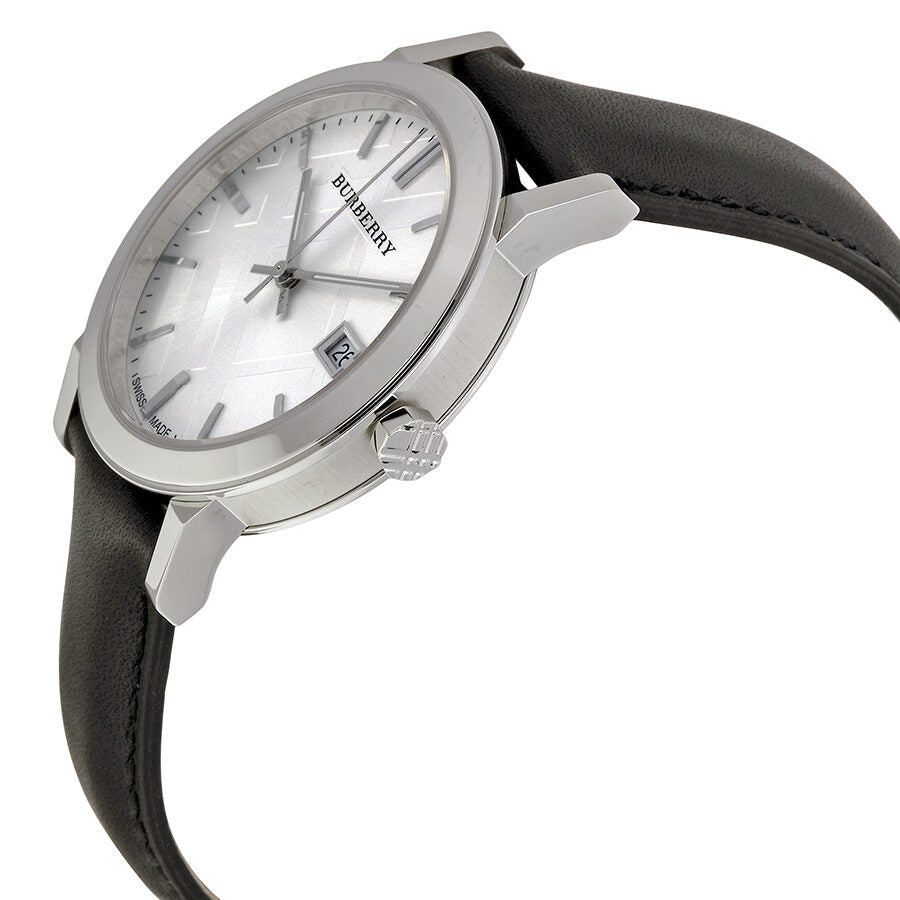 Burberry The City watch angled view showing silver dial and black leather strap