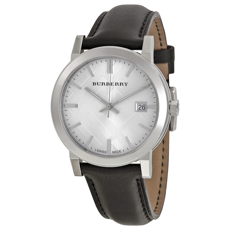Burberry The City men's watch with silver dial, stainless steel case, and black leather strap