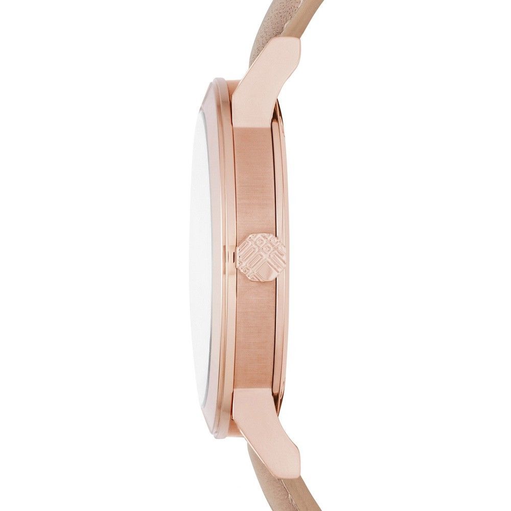 Side view of Burberry The City watch showing rose gold case profile and white leather strap
