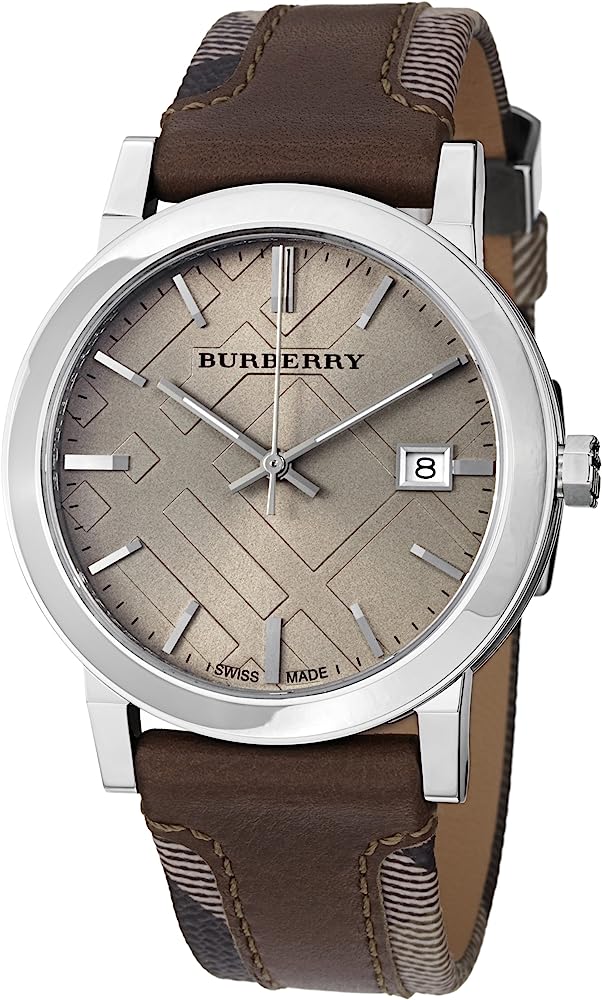 Burberry The City men's watch with grey dial, silver case, and brown leather strap