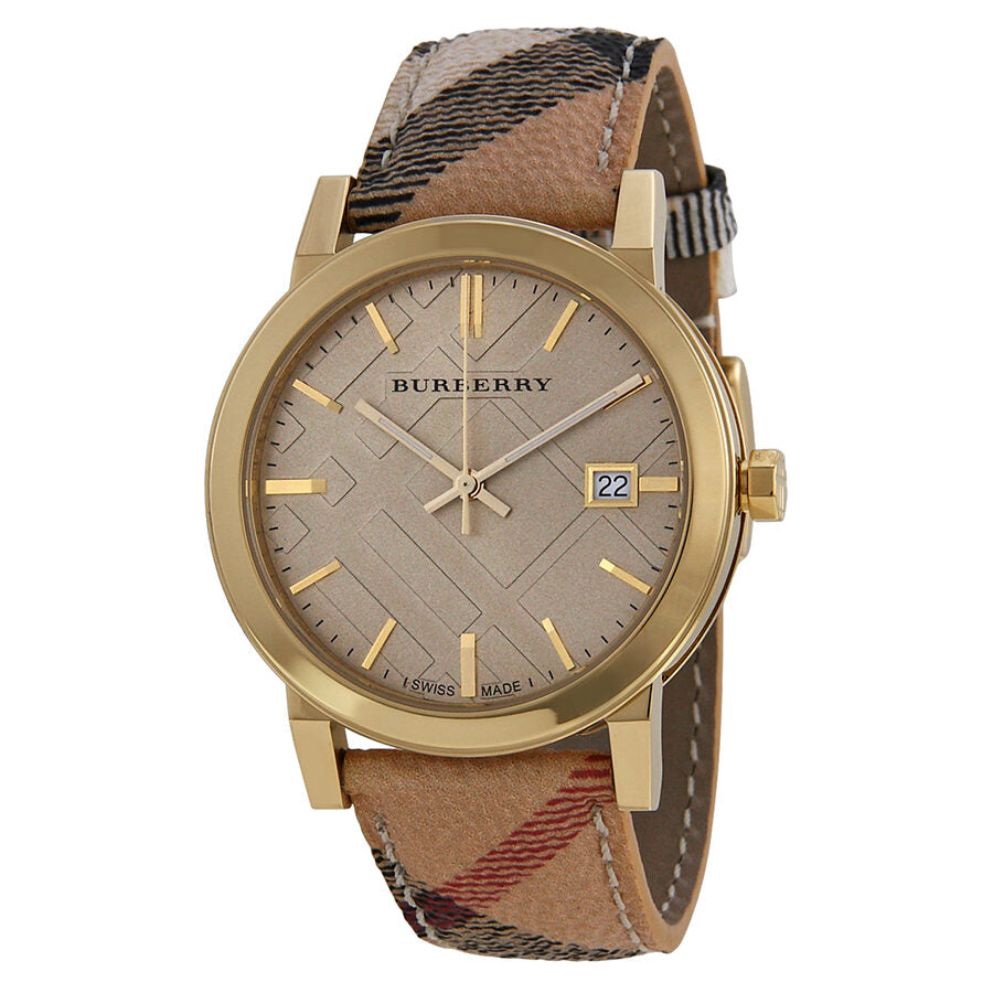 Burberry The City unisex watch with champagne dial, gold case, and Haymarket check strap