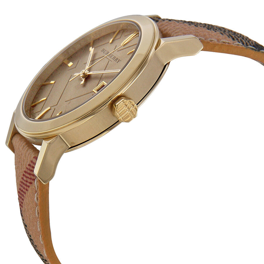 Side view of Burberry The City watch showing case profile and Haymarket check strap detail