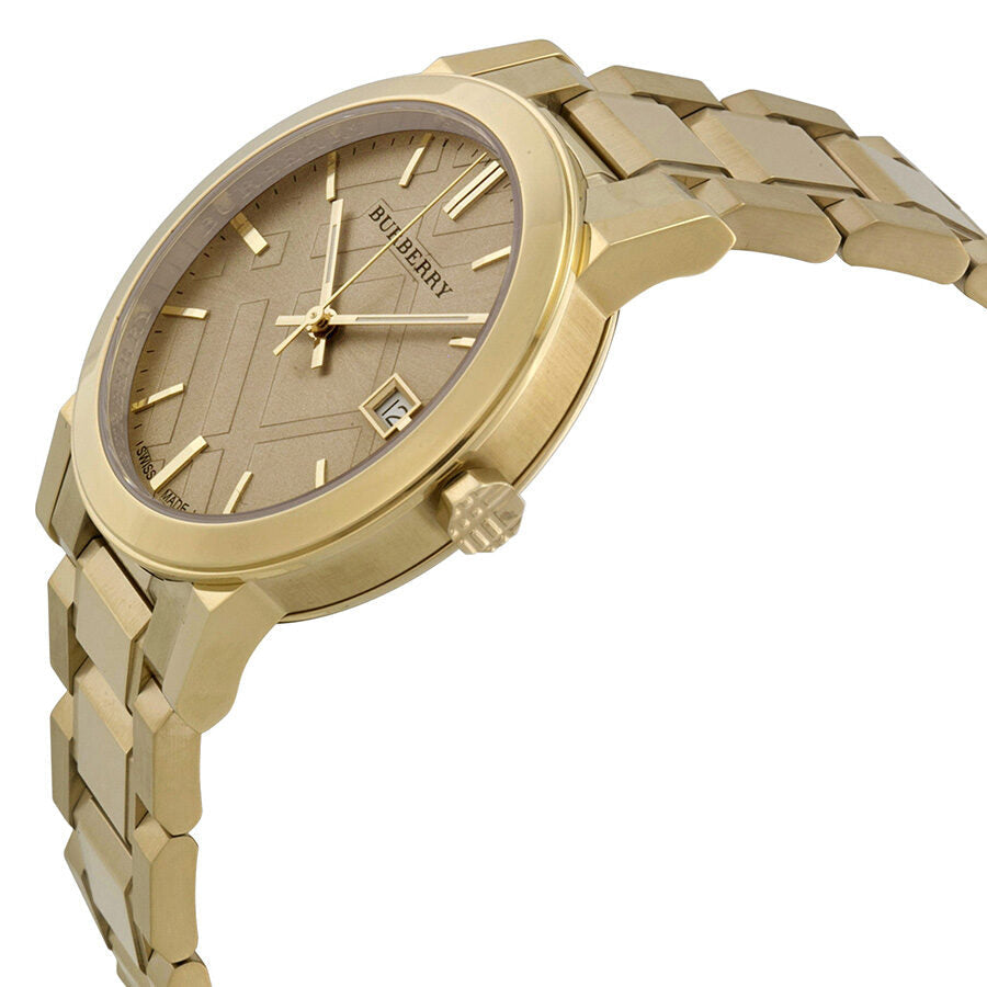 Burberry The City watch side angle showing gold-tone bracelet and champagne dial with applied indices