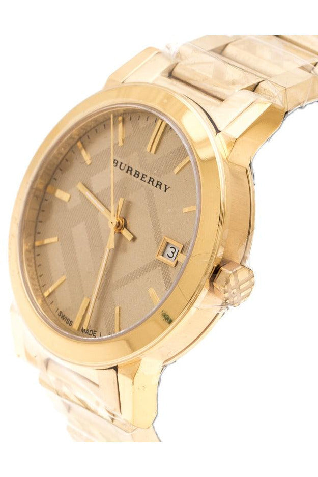 Burberry The City gold tone watch angled view showing dial and strap details