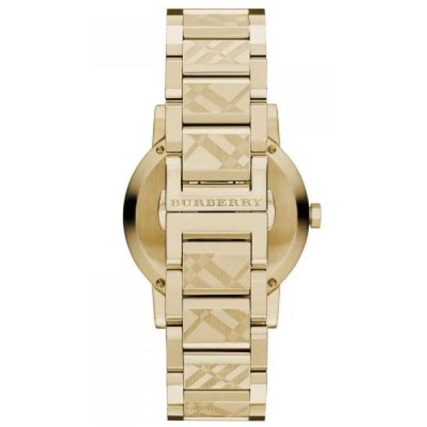 Burberry The City watch caseback showing engraved details and bracelet