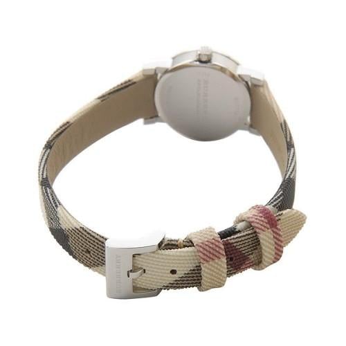 Burberry The City watch strap showing beige Nova Check pattern with black and burgundy stripes