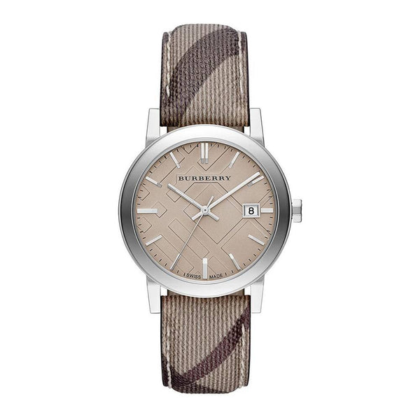 Burberry The City women's watch with grey dial, silver steel case, and smoke check fabric strap