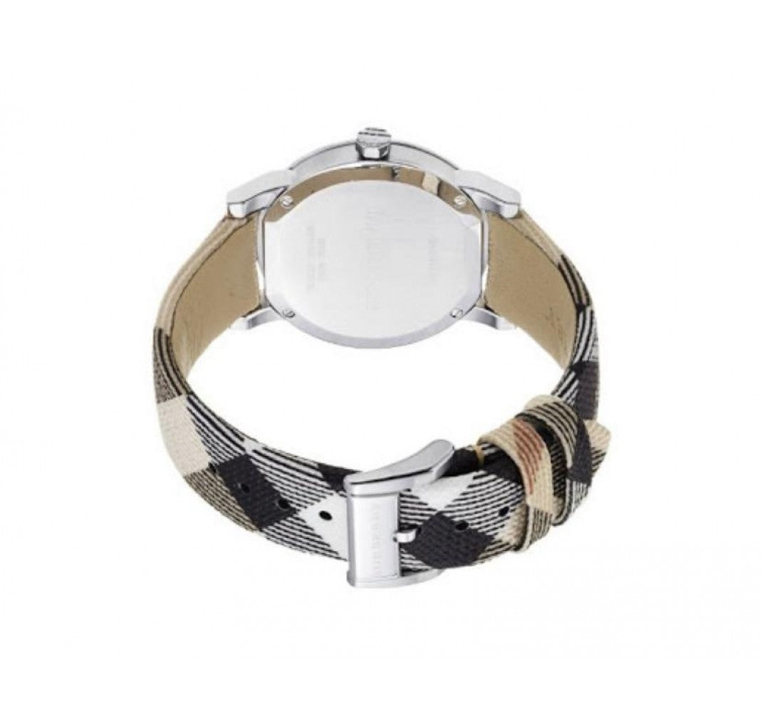 Caseback view of Burberry The City watch showing smoke check strap detail