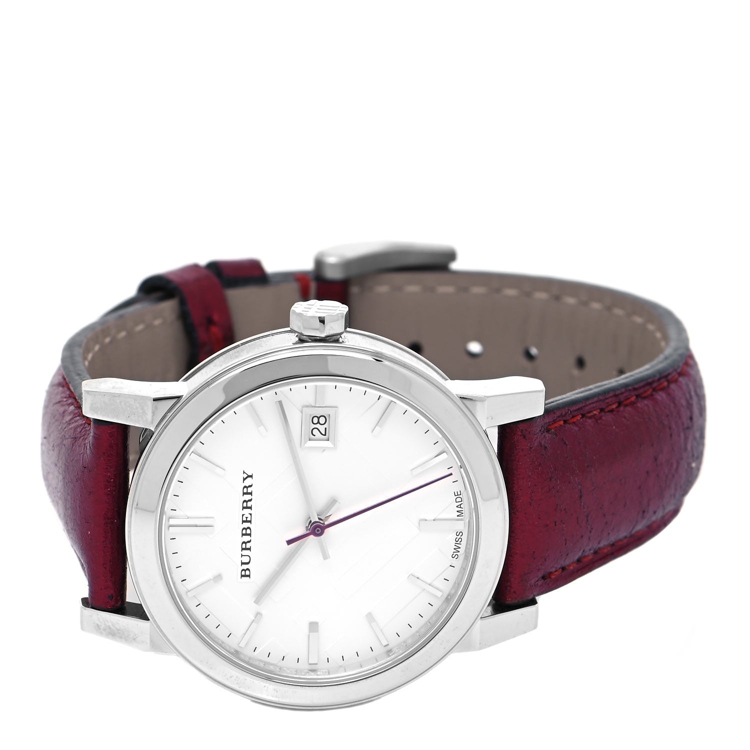 Burberry The City watch angled view showing silver case and burgundy leather strap