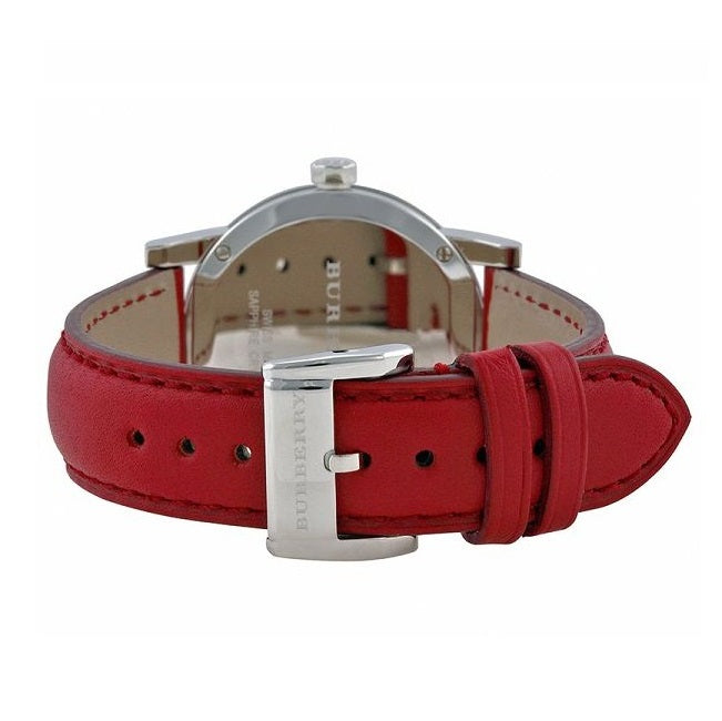 Burberry The City watch caseback view with red leather strap and stainless steel buckle