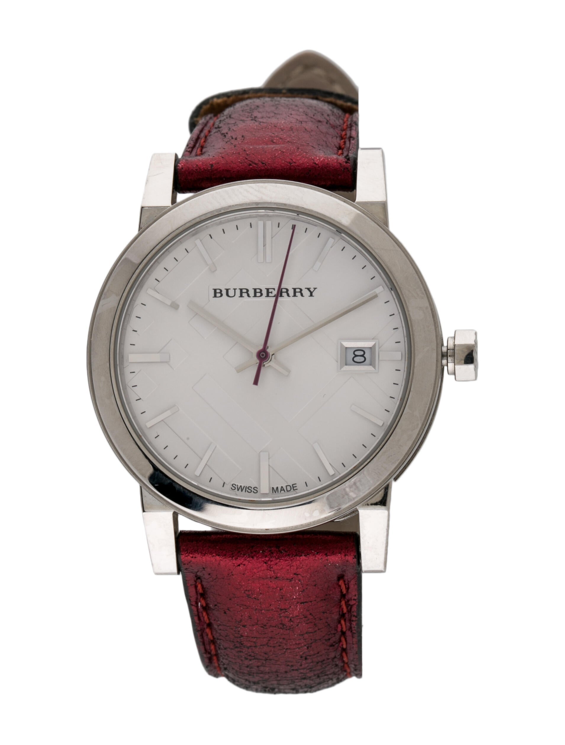 Burberry The City women's watch with silver dial and red leather strap