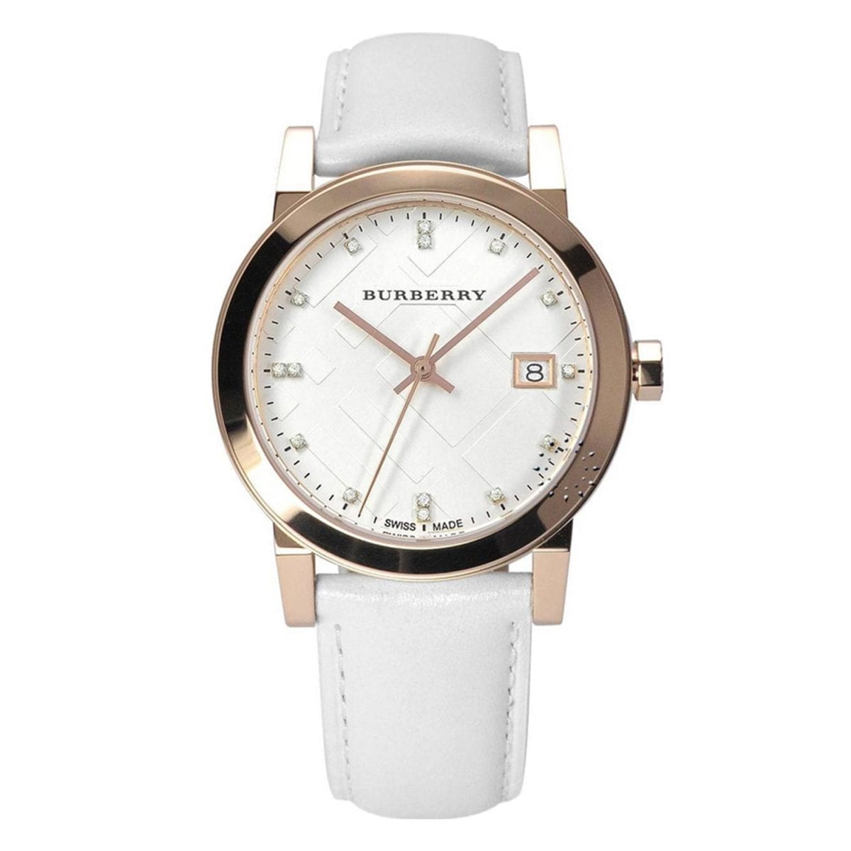Burberry The City white leather women's watch with rose gold case and diamond markers