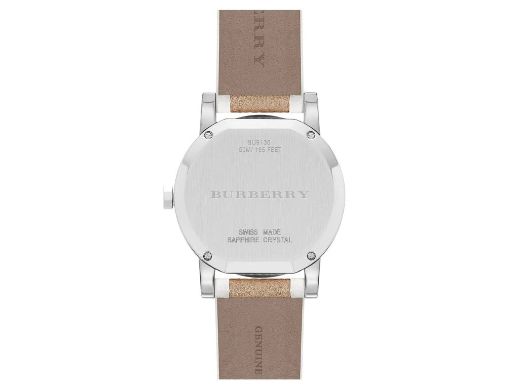 Burberry The City brown leather strap detail with Burberry text and stainless steel hardware