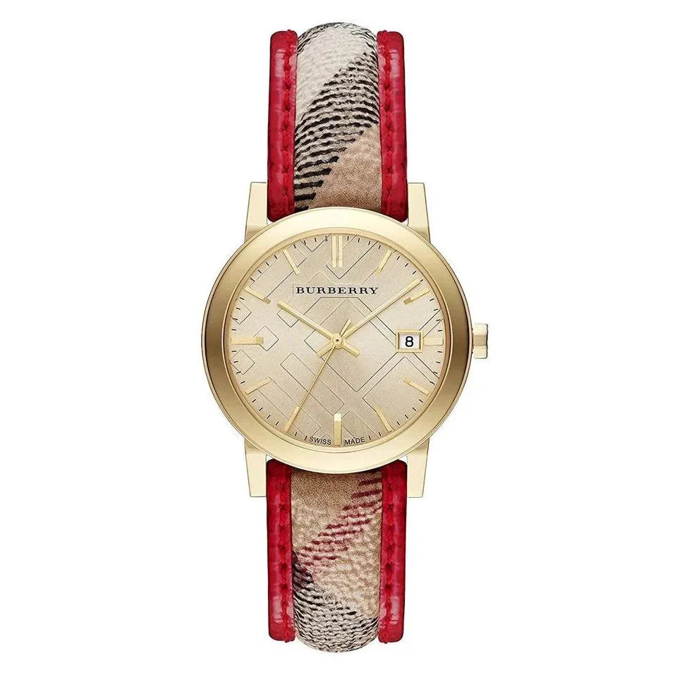 Burberry The City women's watch with champagne dial and red check leather strap